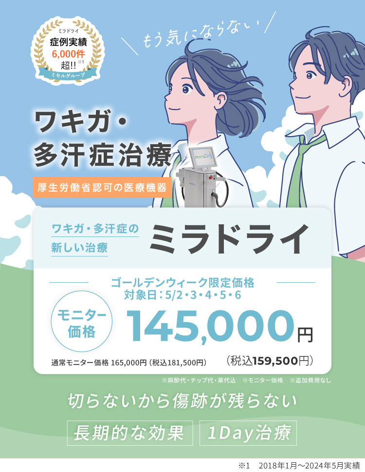 ミラドライ症例実績6,000件超！ワキガ・多汗症治療　厚生労働省認可の医療機器　ワキガ・多汗症の新しい治療　ミラドライ　モニター価格 165,000円（税込181,500円）※モニター価格　※追加費用なし　切らないから傷跡が残らない　長期的な効果　1day治療